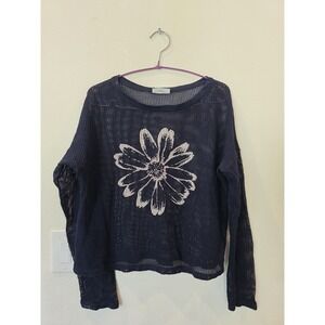 Spirit Activewear NavyBlue Mesh Top Womens Sz M Bold Flower Cotton Boho Festival